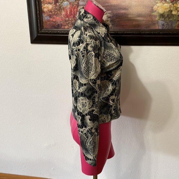 Joseph Ribkoff Blouse Veston Jacket 8 Sequins Shoulder Pads Full Zip Black Cream - Picture 4 of 9